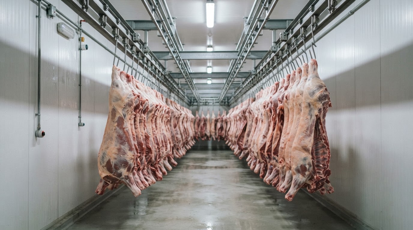 Carcasses de porc suspendues en chambre froide