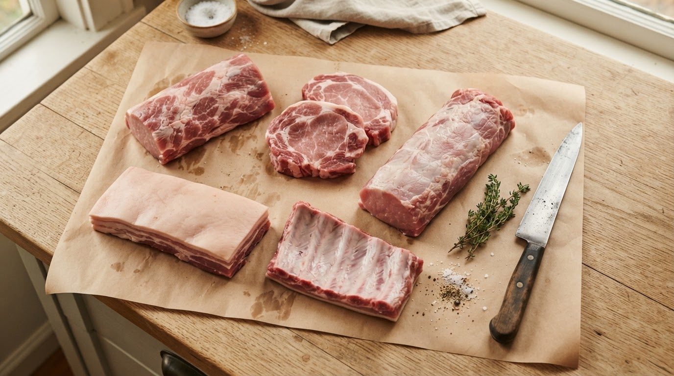 Pièces de porc découpées sur un plan de travail
